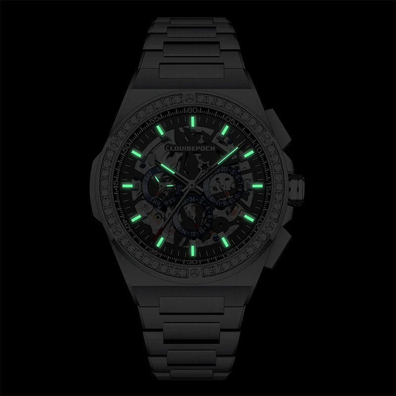 Glowing luminous hands and hour markers of the skeleton watch in a dark environment