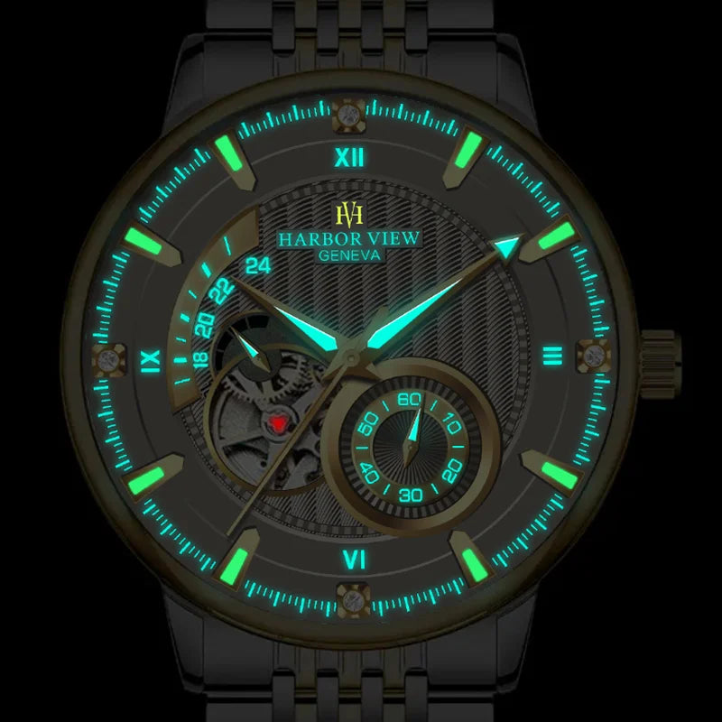 Glowing green luminous hands, sub-dials, and hour markers in dark conditions