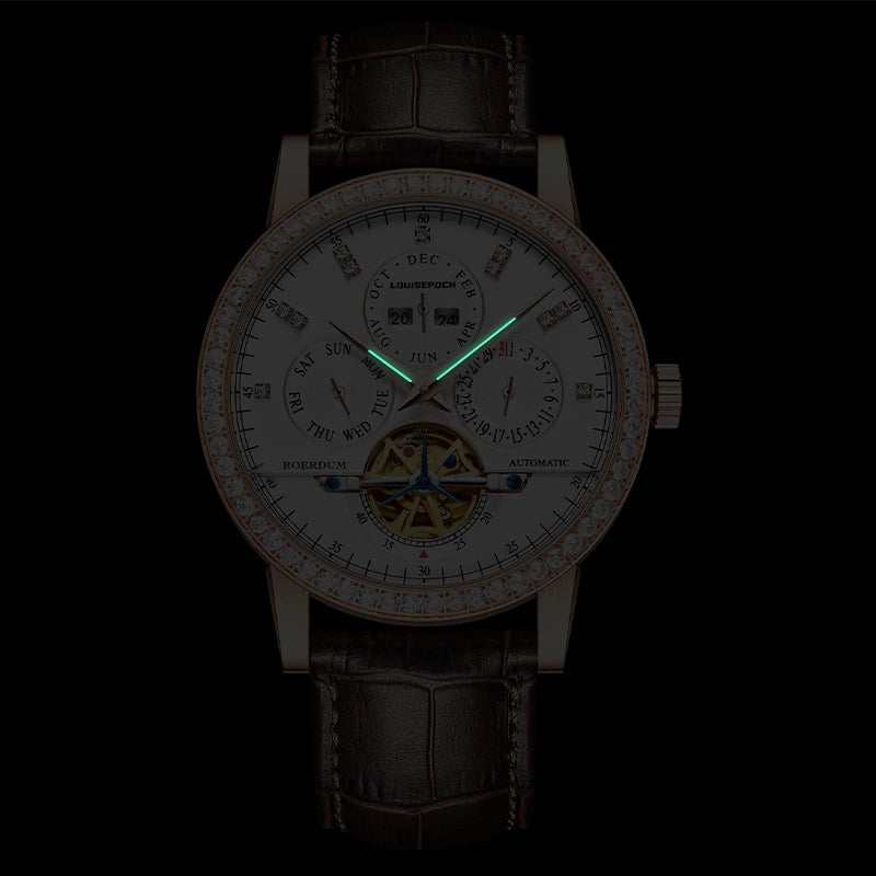 Glowing green luminous hour and minute hands on white multi-function dial in dark environment