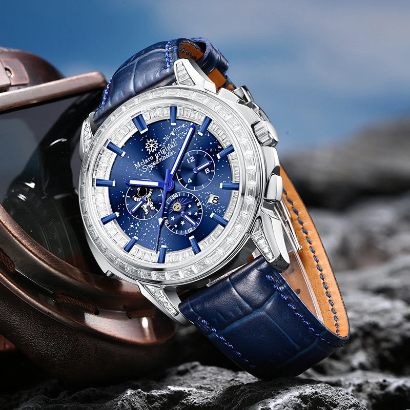 Men's luxury watch displayed with blue leather strap on dark stone surface