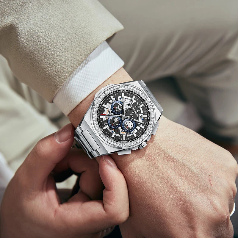 Men wearing a 43mm luxury skeleton automatic mechanical watch with a tailored suit