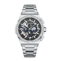 Front view of a luxury diamond-set bezel skeleton automatic mechanical watch with steel bracelet