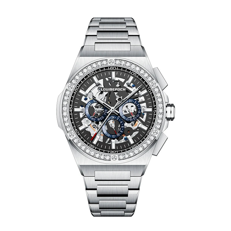 Front view of a luxury diamond-set bezel skeleton automatic mechanical watch with steel bracelet