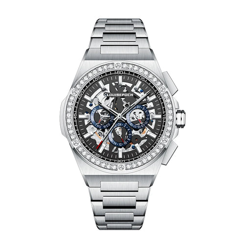 Front view of a luxury diamond-set bezel skeleton automatic mechanical watch with steel bracelet