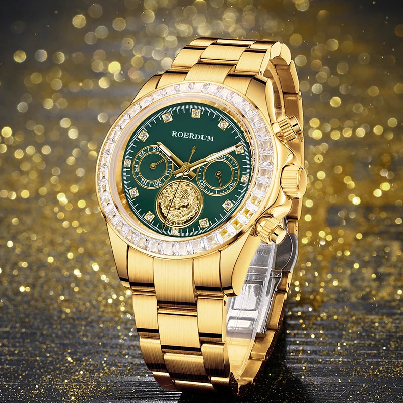 Luxury men's gold dragon automatic watch displayed on a sparkling golden background