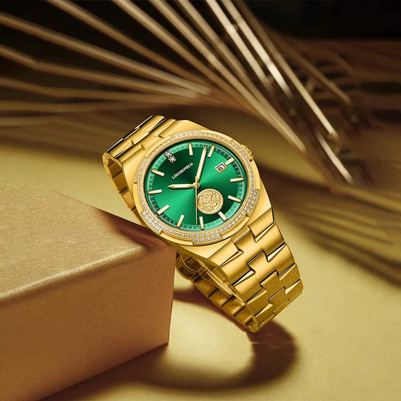 Luxury gold automatic watch with green sunburst dial resting on a premium display box