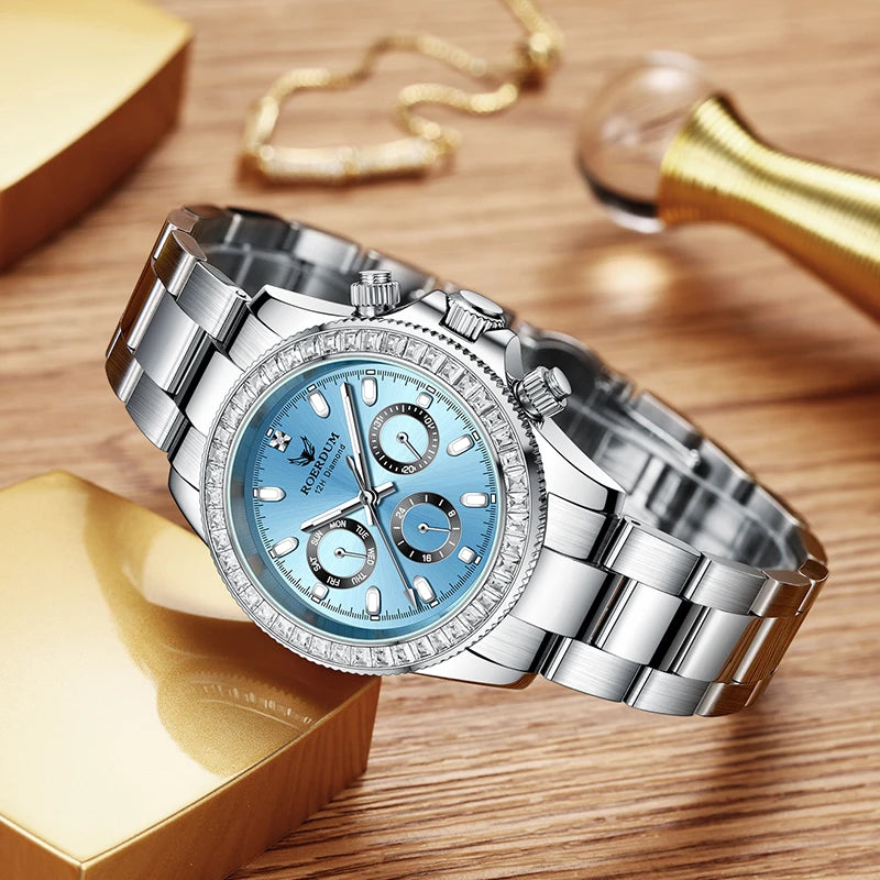 Luxury ice blue diamond watch displayed on a wooden surface with gold accents   