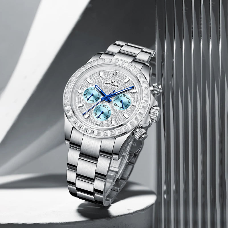 Men's luxury iced-out diamond watch displayed beside textured glass and white stand   