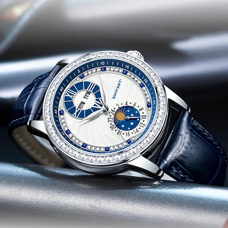Front display of a luxury automatic watch with a crystal-paved bezel and moon phase sub-dial