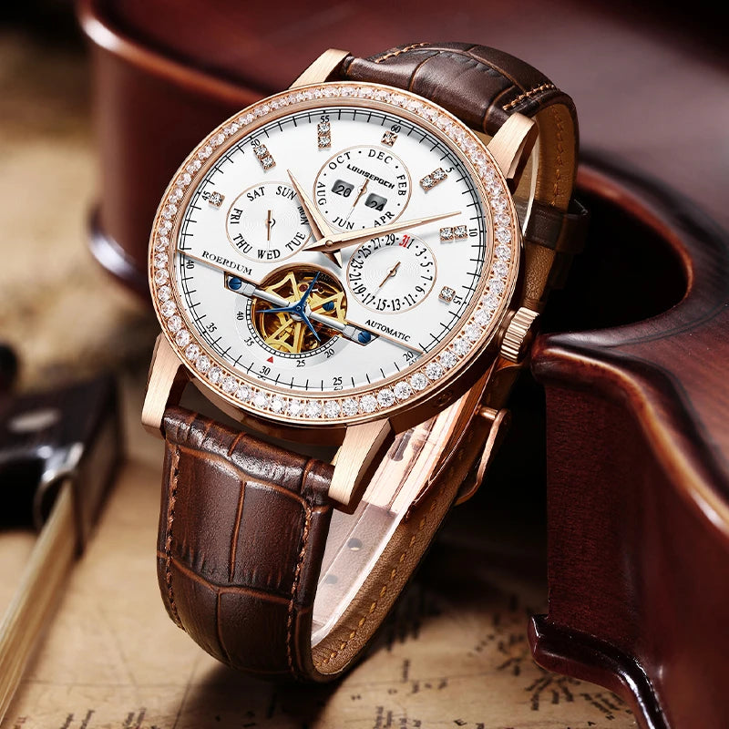 Luxury men's rose gold diamond watch displayed elegantly beside vintage wooden violin case