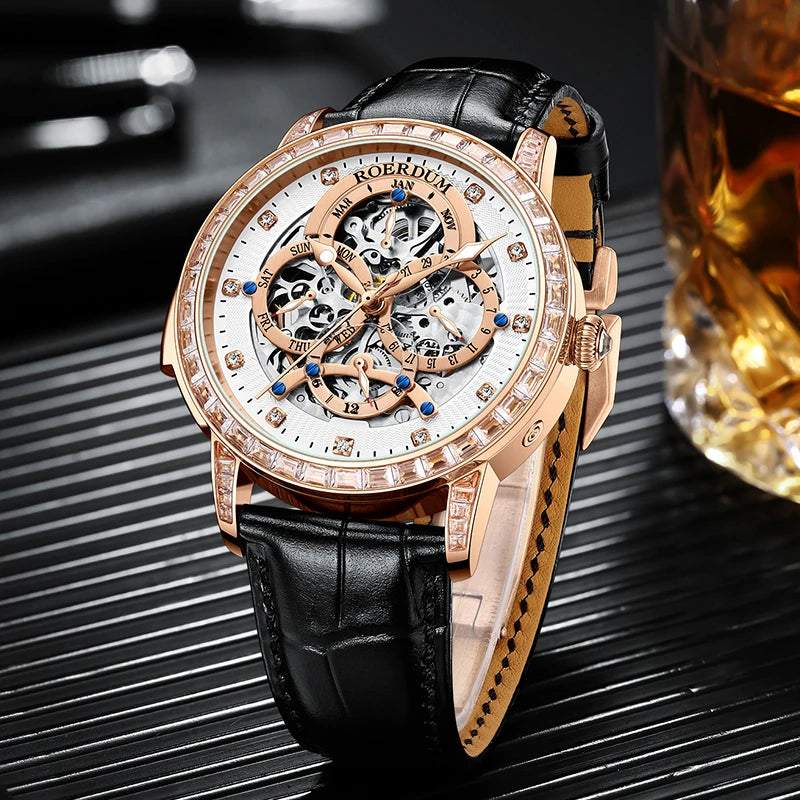 Men's luxury rose gold diamond skeleton watch displayed upright on a textured black stand