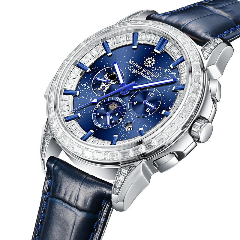 Angled view of luxury men's watch showing crystal bezel and navy blue leather strap