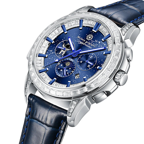 Angled view of luxury men's watch showing crystal bezel and navy blue leather strap