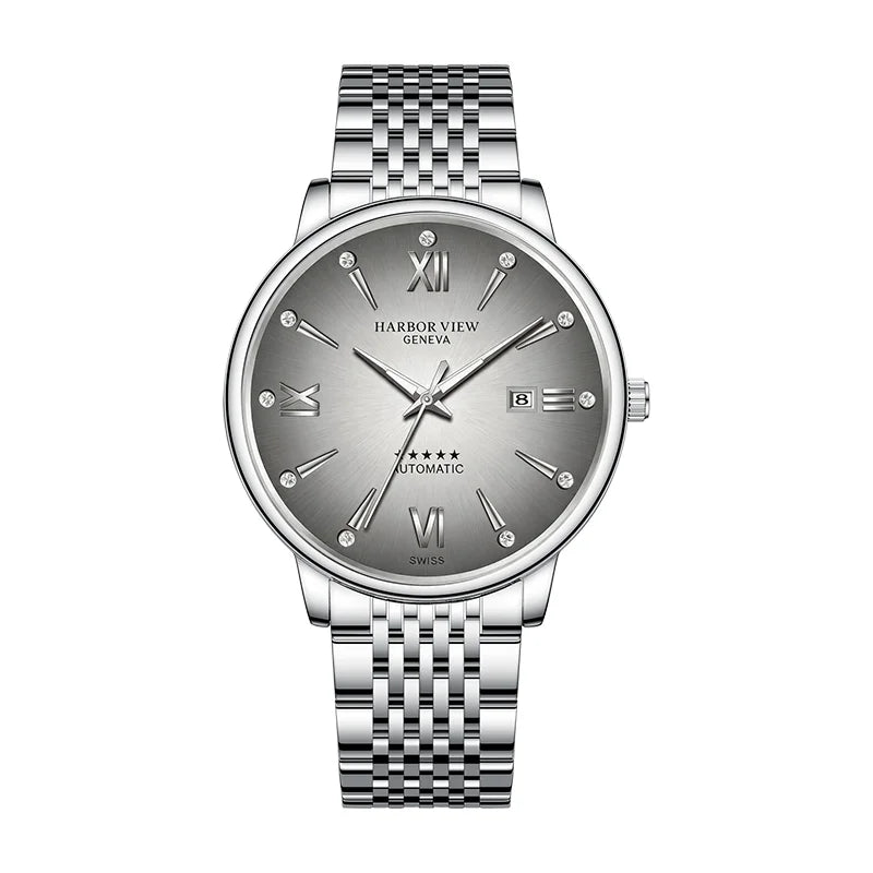 Front view of a men's luxury automatic mechanical watch with a grey sunburst dial, Roman numerals, and stainless steel bracelet