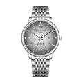 Front view of a men's luxury automatic mechanical watch with a grey sunburst dial, Roman numerals, and stainless steel bracelet