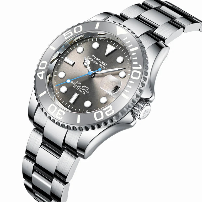 Angled view of a men's automatic mechanical watch with a grey dial and stainless steel bracelet.   
