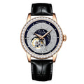 Watch specifications showing a 43mm case diameter, automatic mechanical movement, 316L stainless steel case, and 5 ATM water resistance