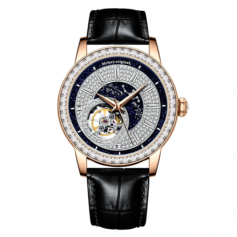 Watch specifications showing a 43mm case diameter, automatic mechanical movement, 316L stainless steel case, and 5 ATM water resistance