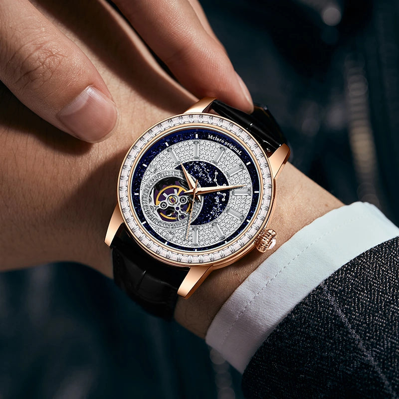 Detailed view of the mechanical-style aperture and decorative components on the skeleton watch dial
