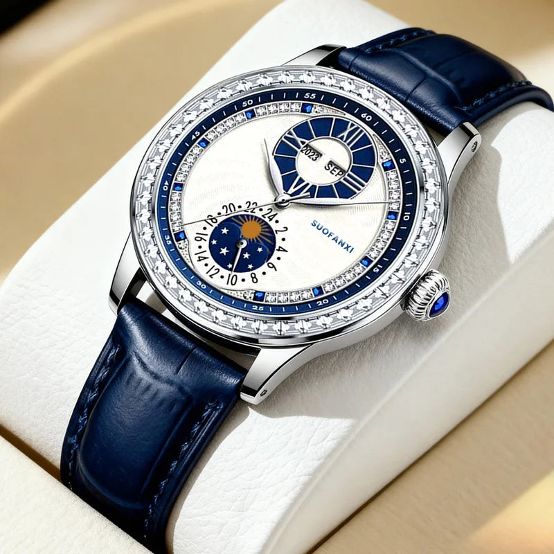 Angled view of a luxury men's automatic mechanical watch with a blue leather strap and white dial