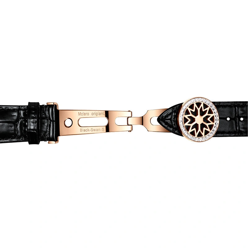 A men's automatic mechanical watch with a blue starry skeleton dial, rose gold-tone case, and black leather strap