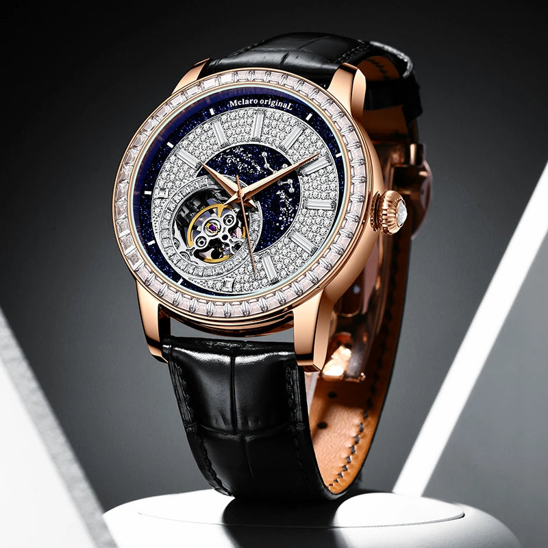 Rear view of the automatic mechanical watch showing the caseback and black leather strap
