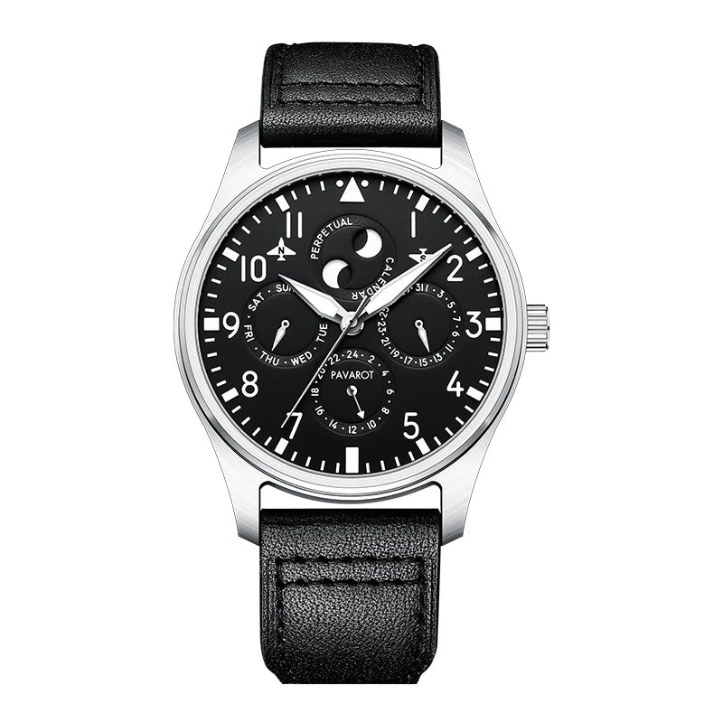 Men's black dial aviator automatic mechanical watch with perpetual calendar and moon phase display
