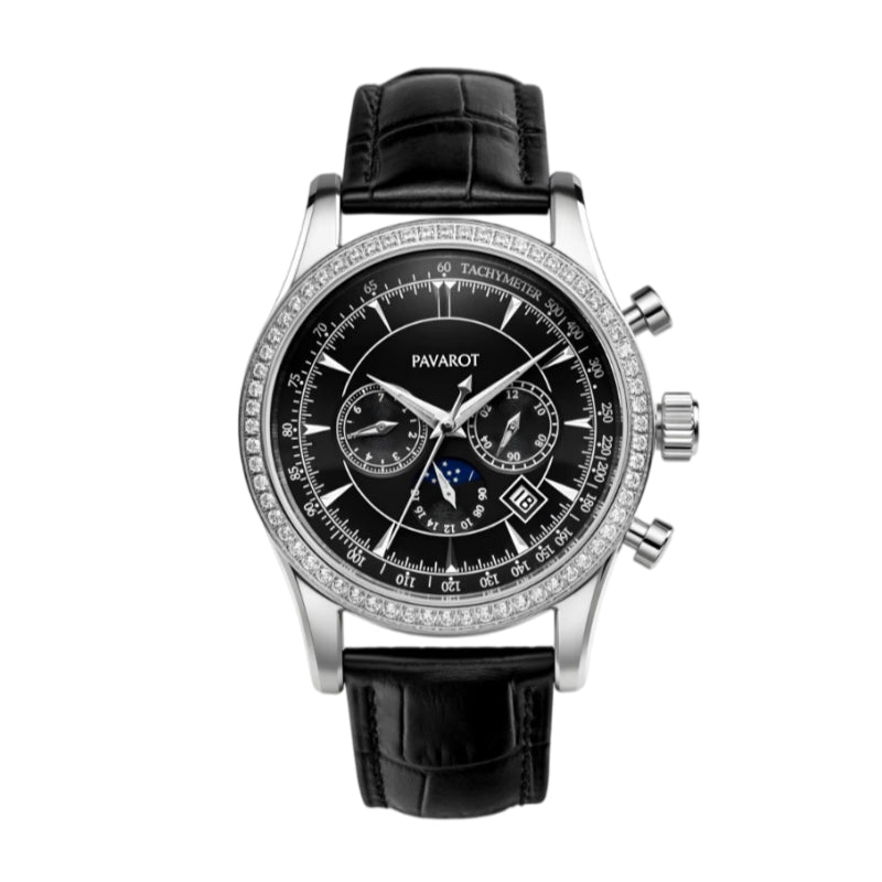 Men's chronograph automatic mechanical watch with black dial, moon phase, and diamond paved bezel
