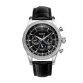 Men's chronograph automatic mechanical watch with black dial, moon phase, and diamond paved bezel