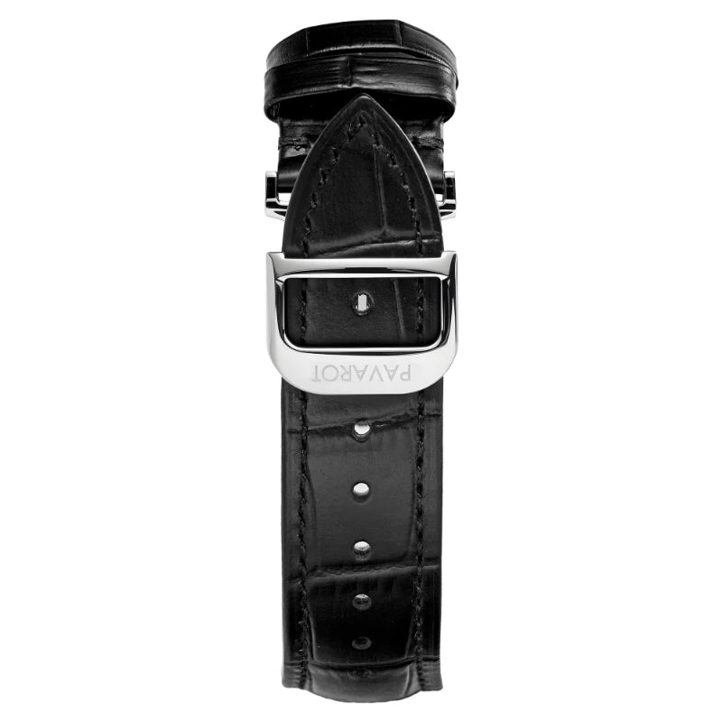 Man wearing black dial diamond bezel watch outdoors with white polo shirt and sunglasses