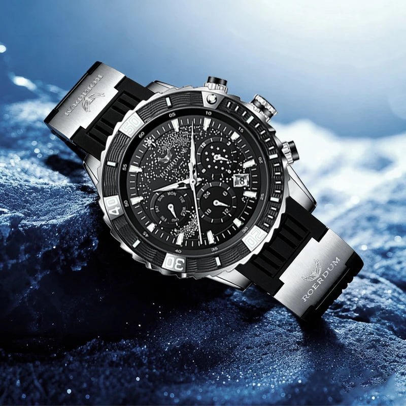 Men's black diver bezel watch with starry dial resting on a blue-lit natural rock surface