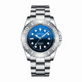 Men's classic blue dial diver automatic watch with silver relief bezel and stainless steel bracelet