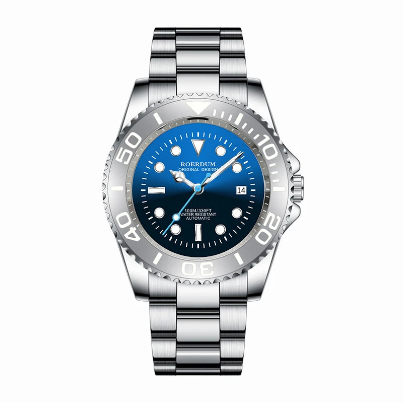 Men's classic blue dial diver automatic watch with silver relief bezel and stainless steel bracelet