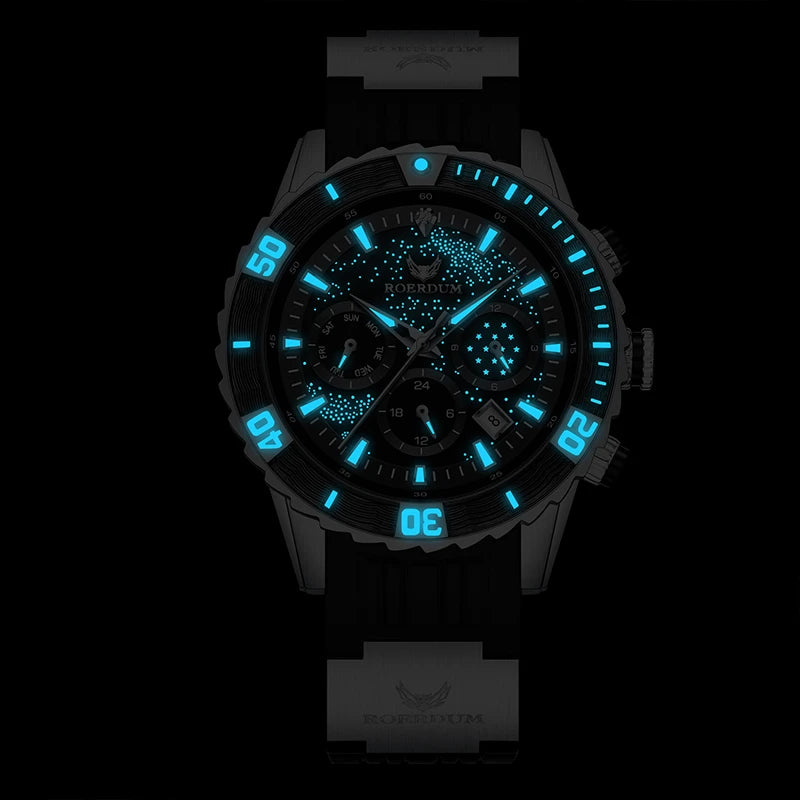 Men's luxury celestial black dial watch displayed against a sleek dark textured background