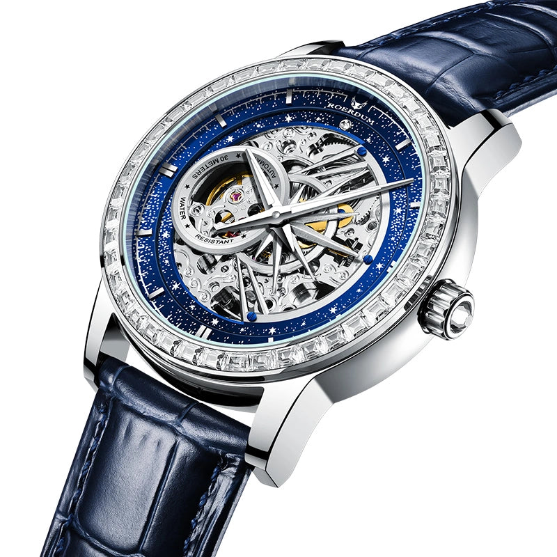 Angled close-up of 42mm celestial watch showing crystal-paved bezel and hollow mechanical movement