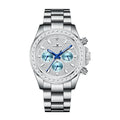 Men's full diamond pavé automatic watch with ice blue sub-dials and stainless steel bracelet