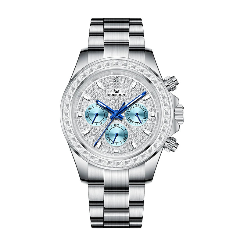 Men's full diamond pavé automatic watch with ice blue sub-dials and stainless steel bracelet