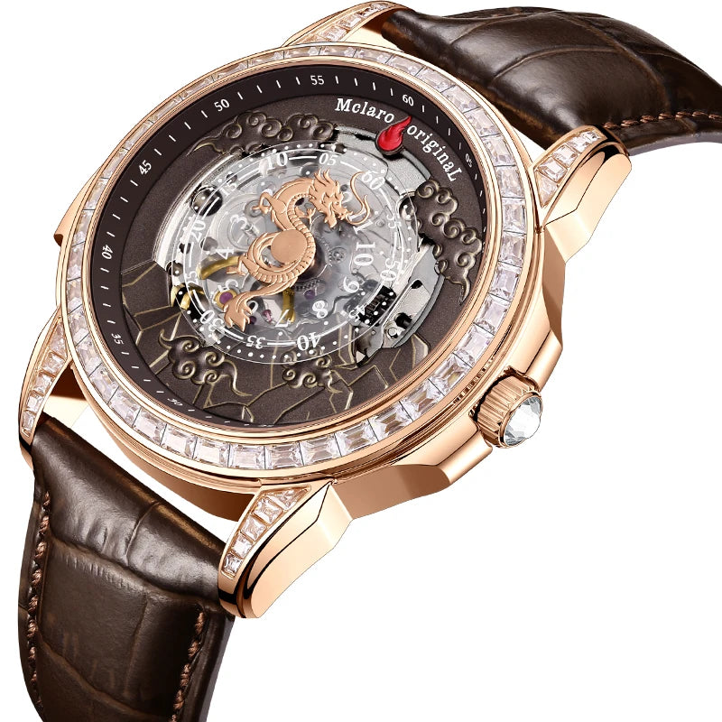 Men's diamond skeleton mechanical watch presented inside a premium luxury display box   