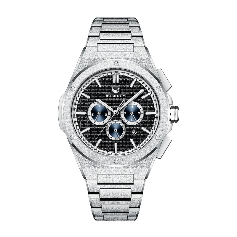 Men's frosted steel octagonal automatic watch with black waffle grid dial and integrated bracelet