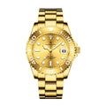 Front view of a men's gold automatic mechanical watch with a sunburst gold dial and steel bracelet
