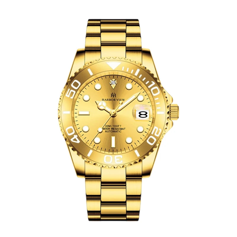 Front view of a men's gold automatic mechanical watch with a sunburst gold dial and steel bracelet