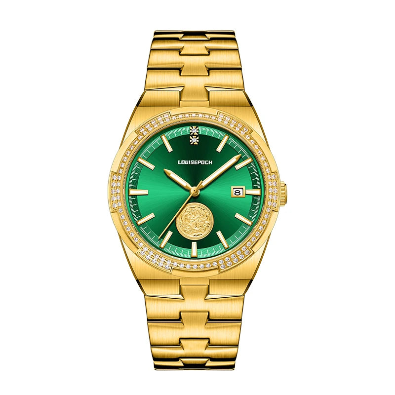 Front view of men's luxury gold automatic mechanical watch with green dial and gold dragon emblem
