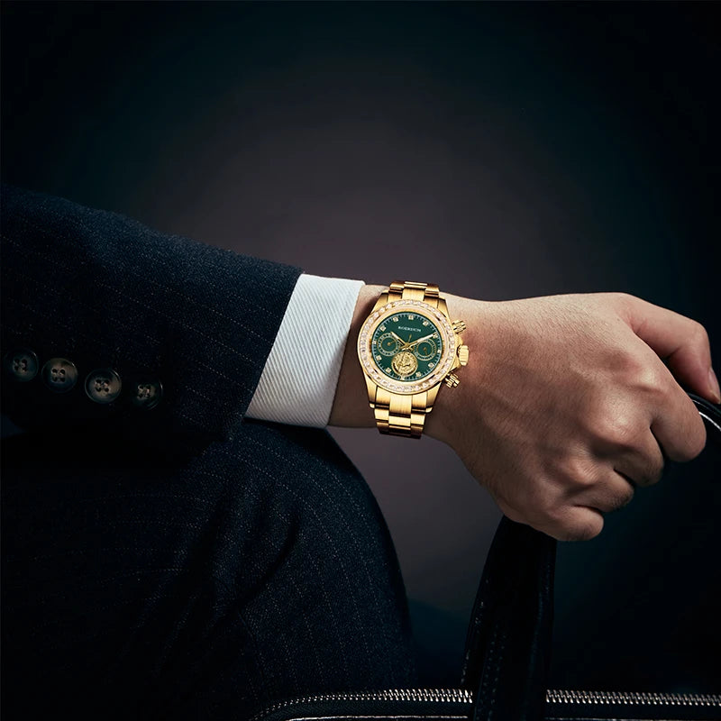 Gentleman wearing iced-out gold dragon watch paired with a navy blue business suit