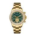 Men's gold dragon automatic watch with emerald green dial, diamond bezel, and steel bracelet