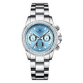 Men's ice blue automatic watch with crystal diamond bezel and 316L stainless steel bracelet