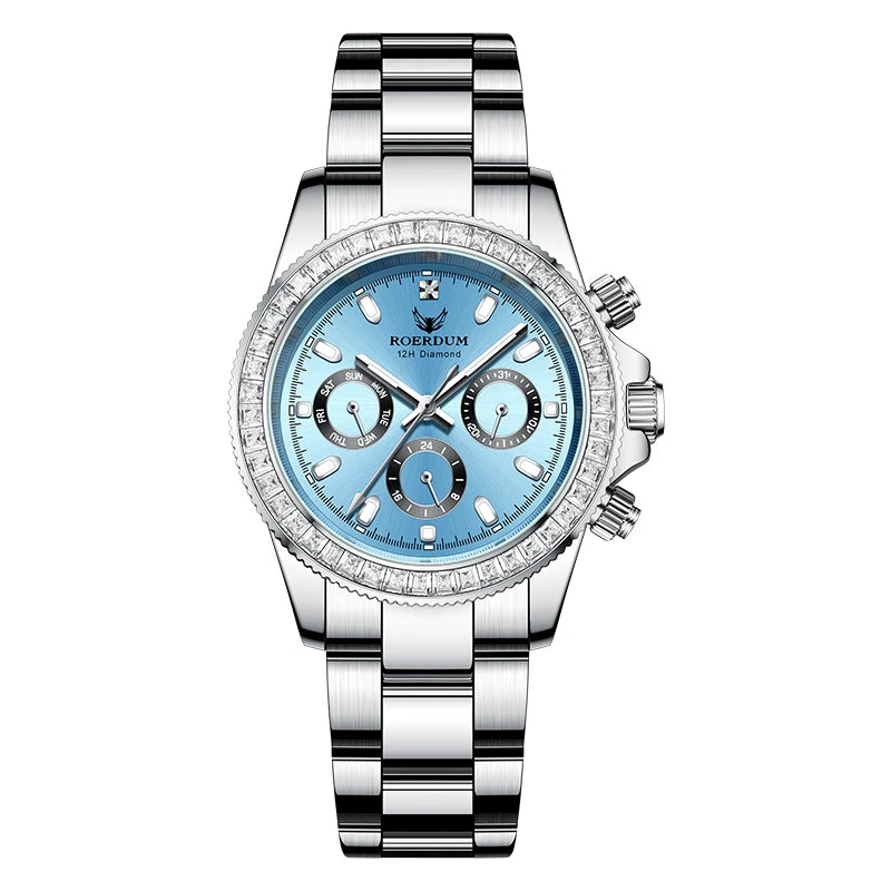 Men's ice blue automatic watch with crystal diamond bezel and 316L stainless steel bracelet
