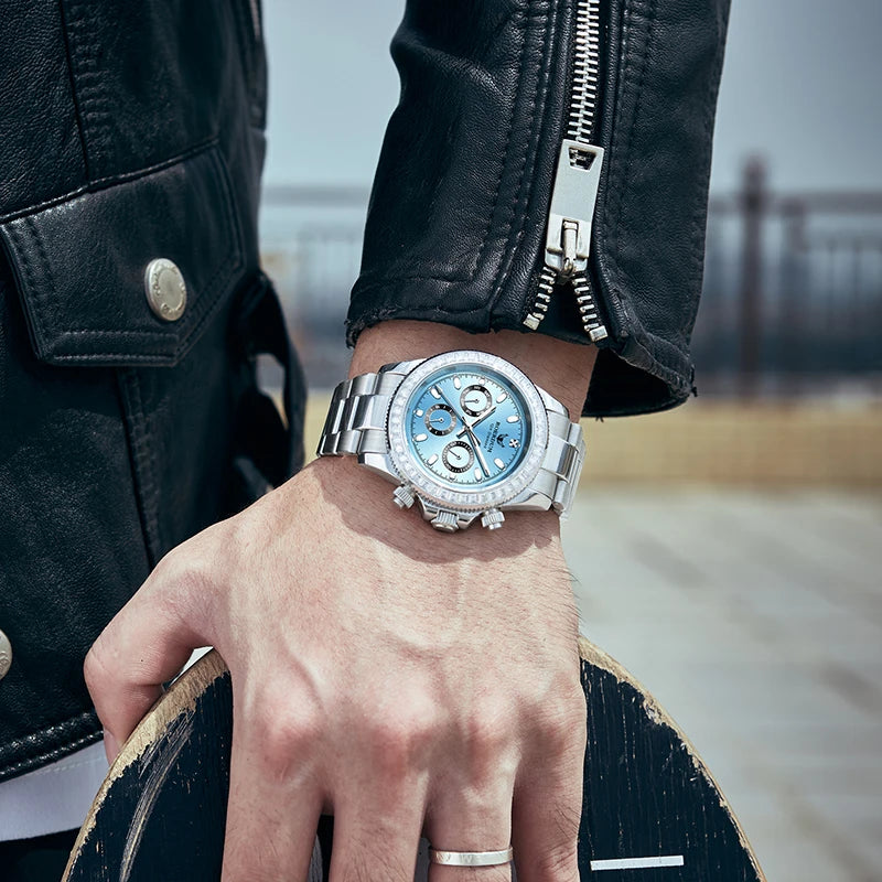 Man wearing 316L stainless steel ice blue watch paired with a black leather jacket