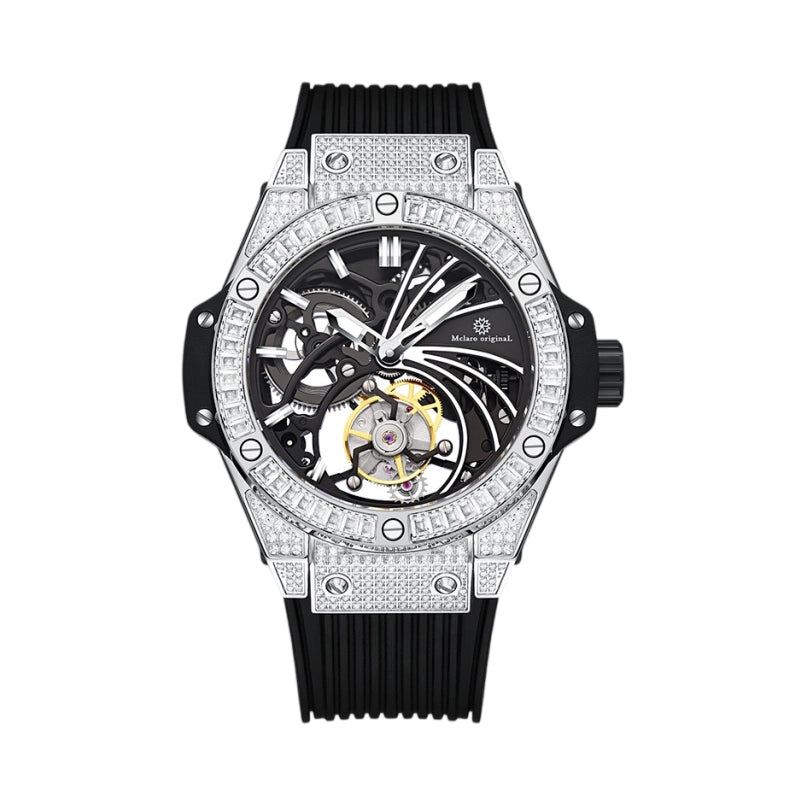 Luxury men's iced out skeleton automatic watch with crystal paved bezel and black silicone strap