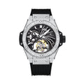 Luxury men's iced out skeleton automatic watch with crystal paved bezel and black silicone strap