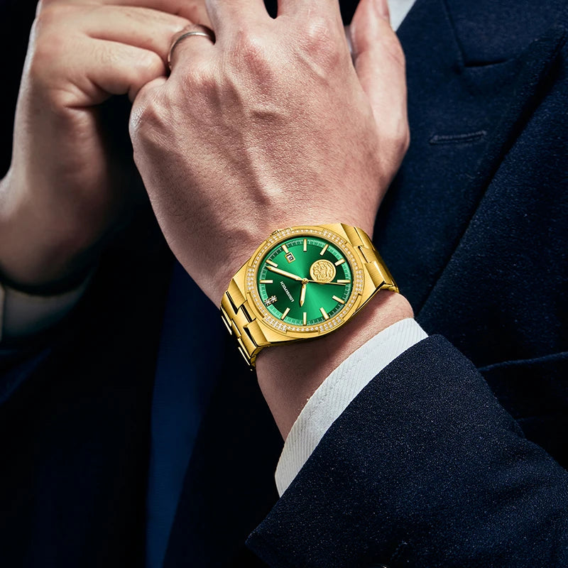 Professional close-up of gold watch on wrist with formal suit sleeve